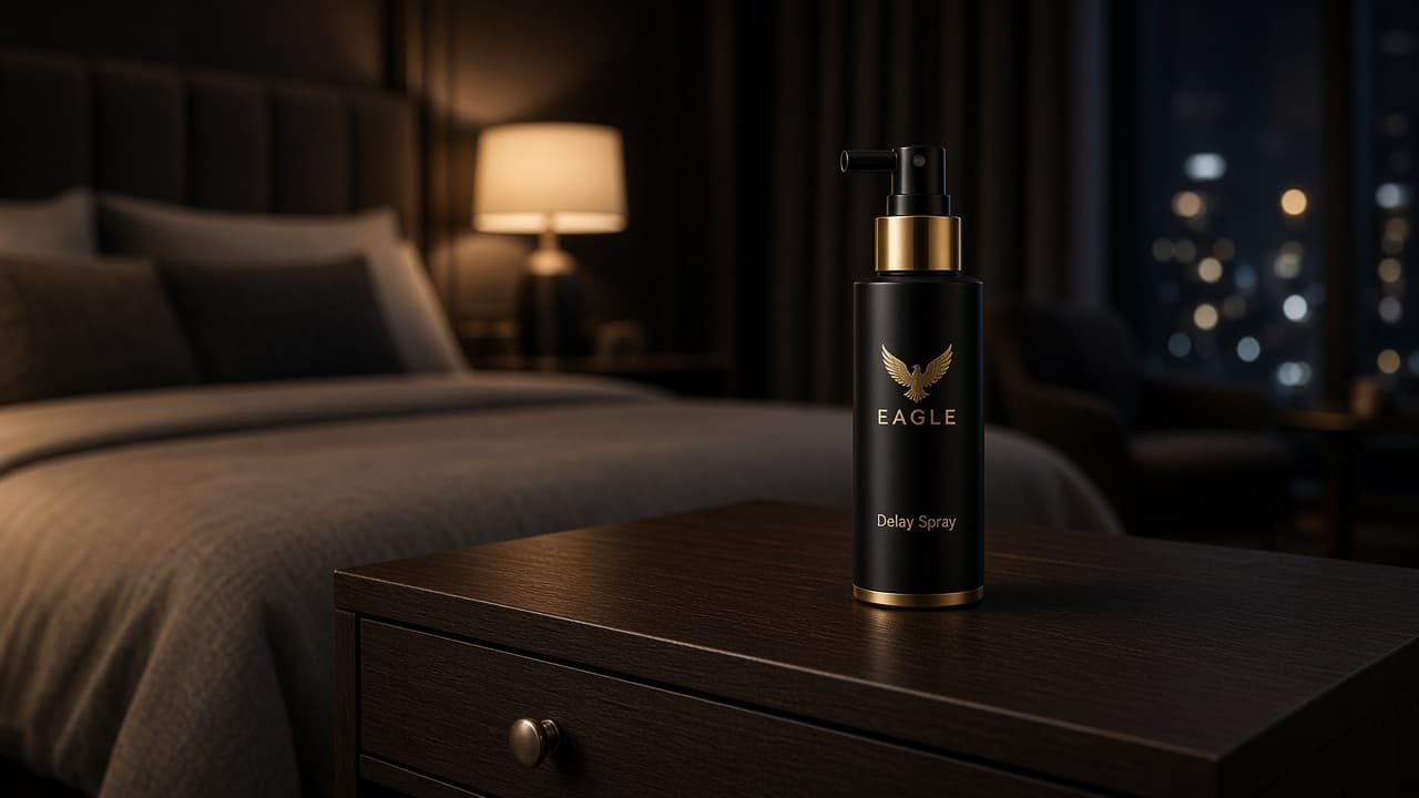 Eagle Delay Spray in a dim room — brand photograph